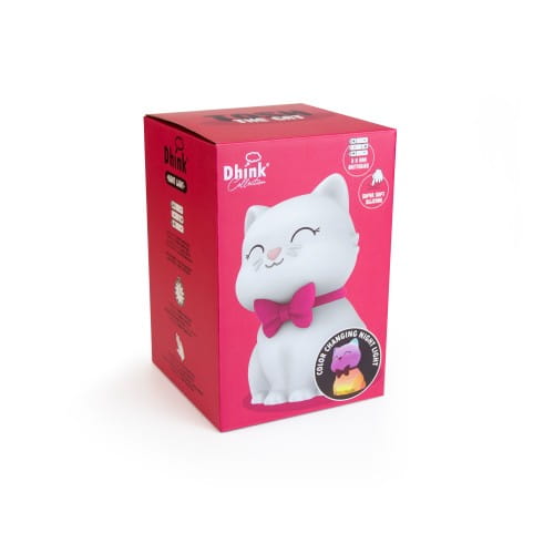 Dhink | Medium Colour Changing LED Night Light | White Cat With Fuschia Pink Collar