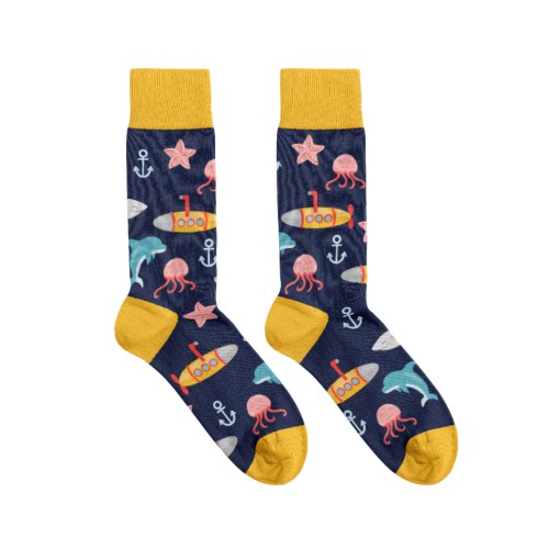 Billy Brown Socks | Men's Sealife & Submarine Socks | Blue & Yellow