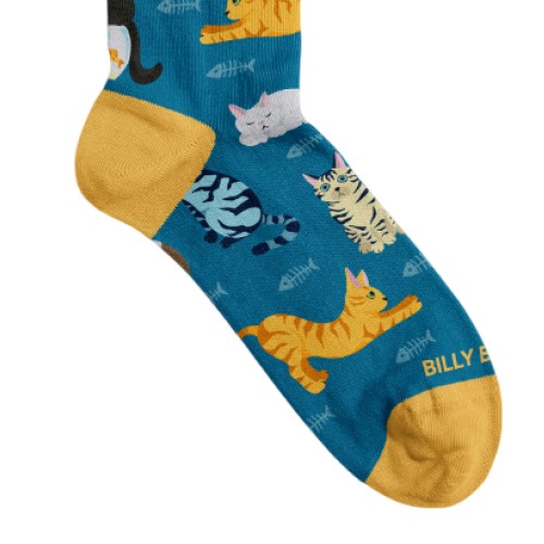 Billy Brown Socks | Women's Playing Cat Socks | Blue & Yellow