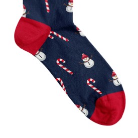 Billy Brown Socks | Women's Candy Cane with Snowman Socks | Red & Blue