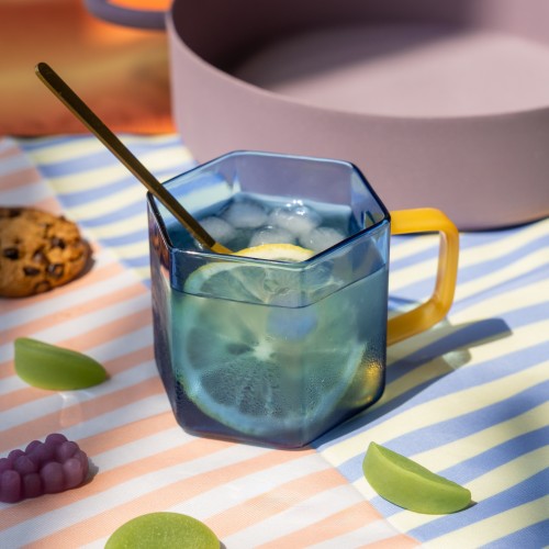 Helio Ferretti | Geometric Glass Mug | Blue/Yellow
